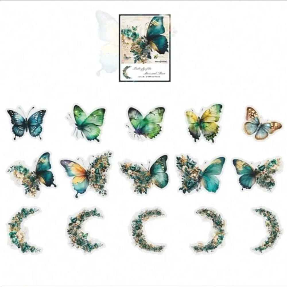 New! Blue, Green, & Teal Butterfly & Floral Moon Transparent Stickers Set of 30